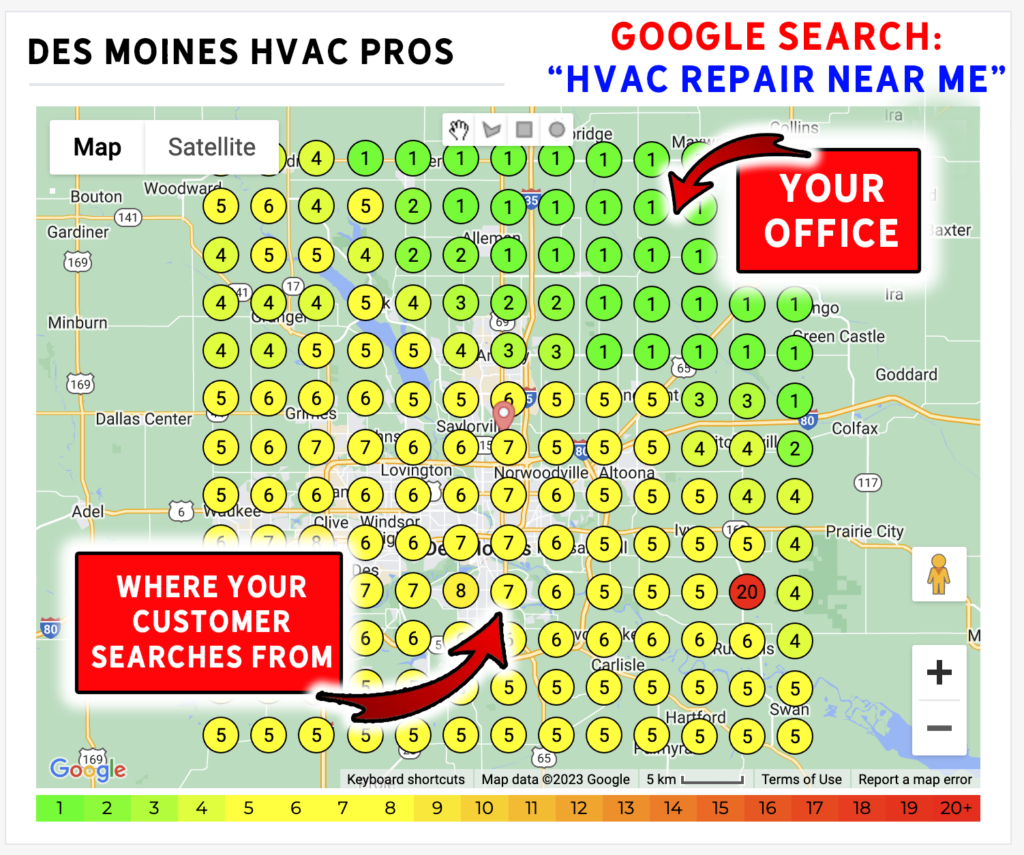 Example Google rank heat map for a service business, showing a grid of ranking positions across the service area with the office location and where customers search from.